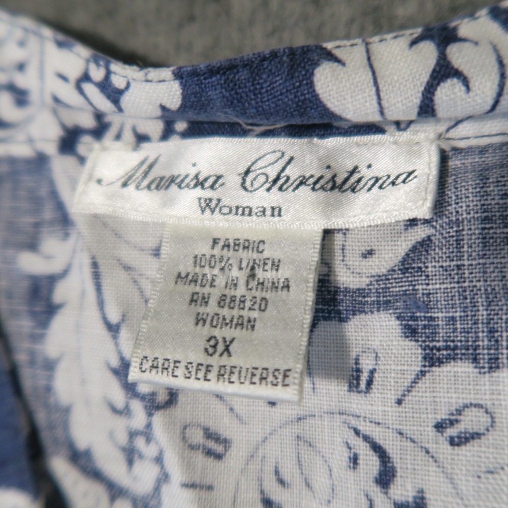 Marisa Christina Linen Tunic Top 3X Blue White Damask Coastal Resort Boho Luxury - Picture 6 of 7